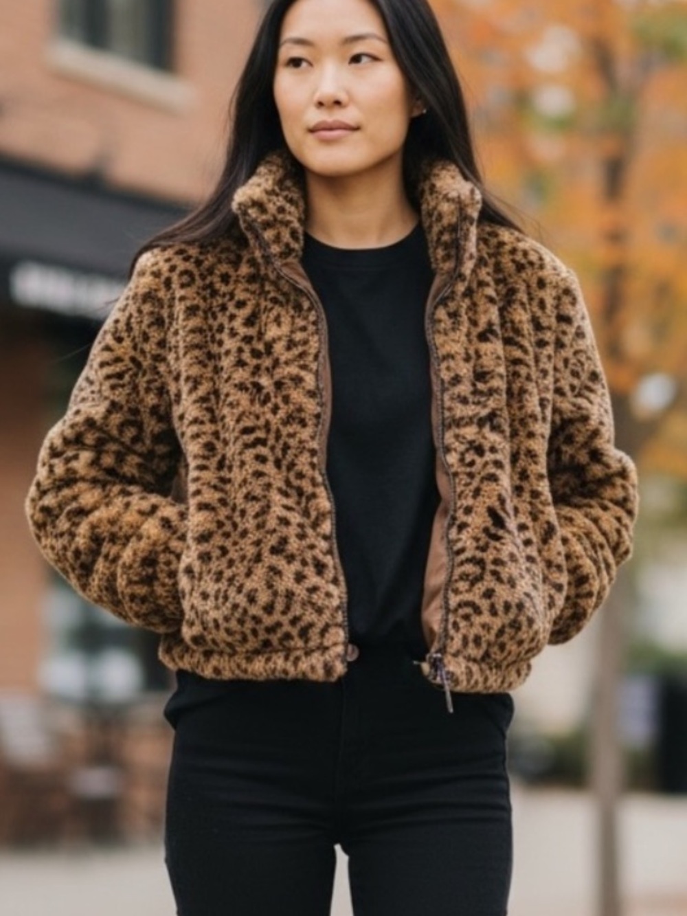 Timing Leopard-Print Cropped Faux-Fur Jacket in Brown Black